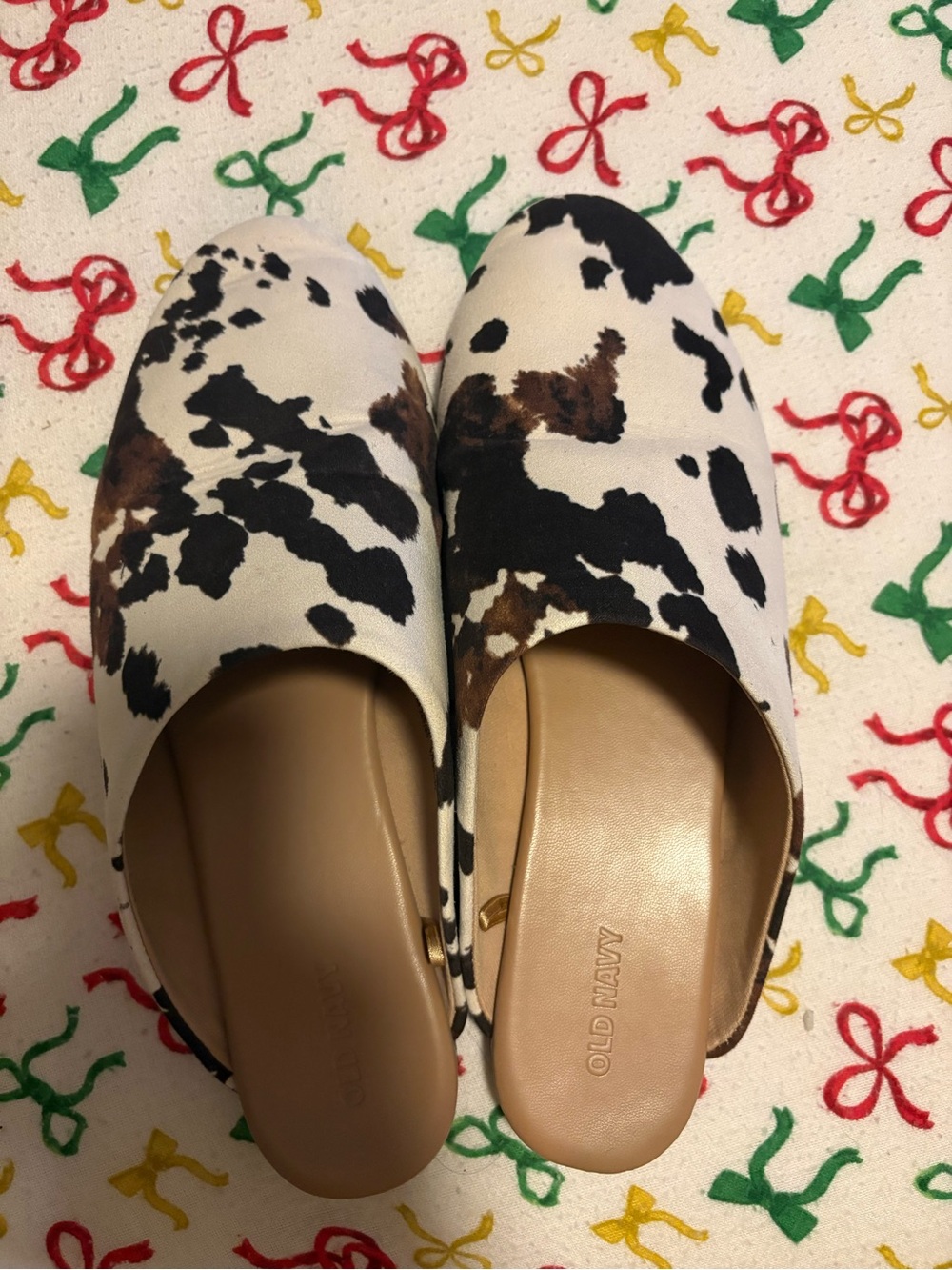 Old Navy Cow-Print Slip-On Mules in White, Black and Brown